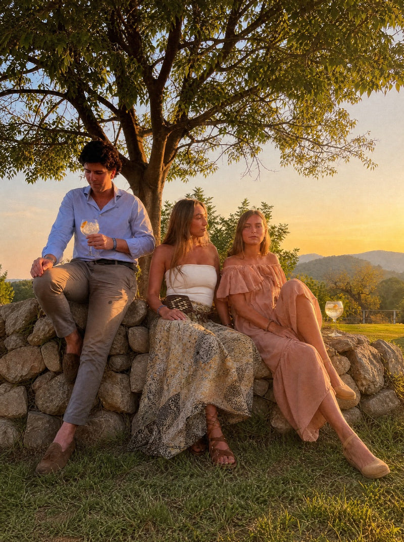 Amigos en una sobremesa al atardecer con gin-tonics